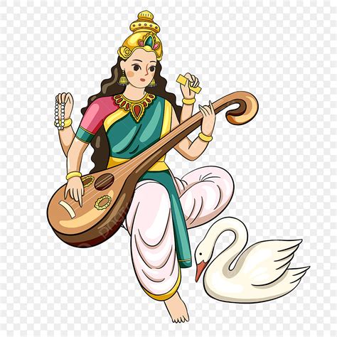 Goddess Saraswati Clipart Transparent Background Cartoon Style