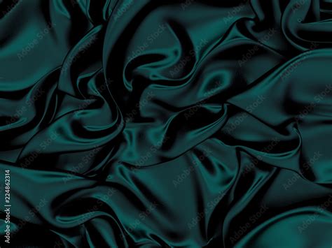 3d render, dark emerald green silky drapery, crumpled fabric background, folded textile texture ...