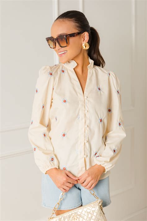 Floral Embroidered Button Top New Arrivals The Blue Door Boutique