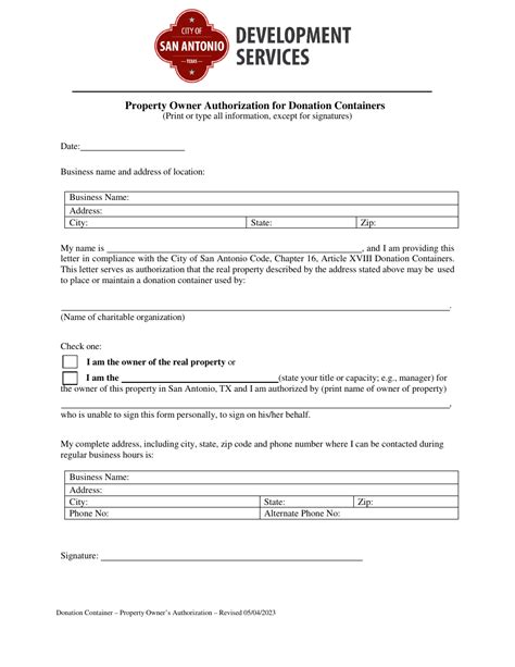 City Of San Antonio Texas Property Owner Authorization For Donation Containers Fill Out Sign