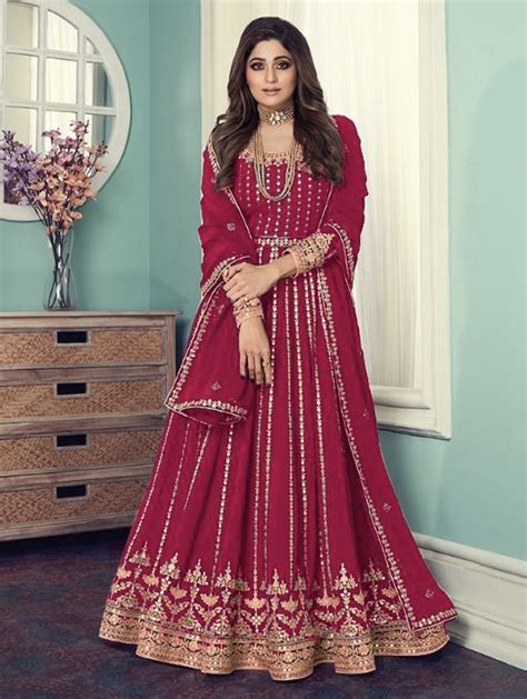 Red Sequin Embroidered Anarkali Suit Salwar Kameez Designer Collection