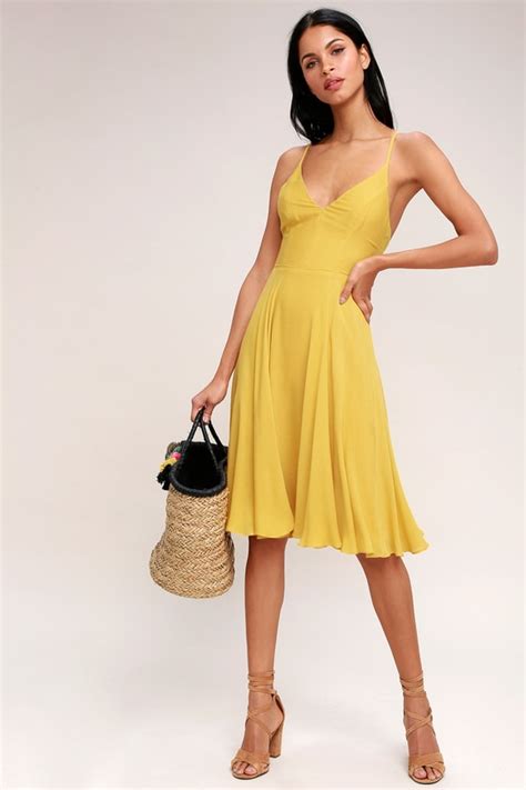 Chic Midi Dress Mustard Yellow Dress Lace Up Dress Lulus