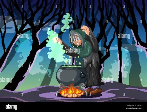 Wizard or witch with magic pot on dark forest scene illustration Stock ...