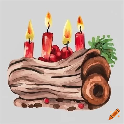 Hand Drawn Watercolor Illustration Of A Yule Log With Candles