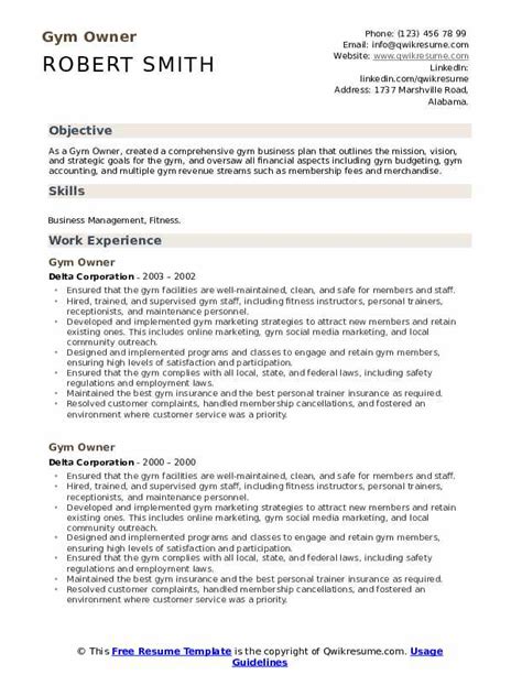 Gym Owner Resume Samples Qwikresume