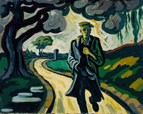 Premium Photo A Painting Of A Man Walking Down A Path With Trees In