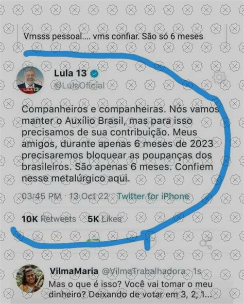 Lula não escreveu tuíte sobre bloquear poupanças para manter Auxílio Brasil