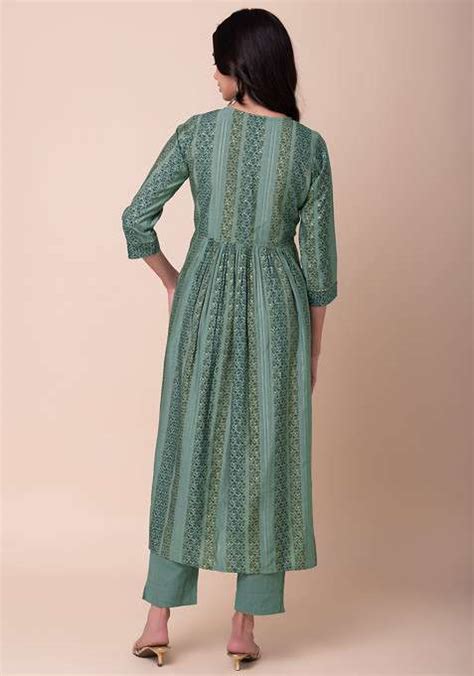 Buy Women Sage Green Abstract Print Muslin A Line Kurta And Pants Set