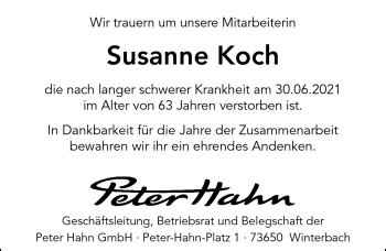 Traueranzeigen von Susanne Koch Schwarzwälder Bote Trauer