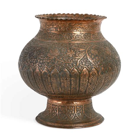 C 1910 An Indian Potbellied Copper Vase On Stand With Flower Detail