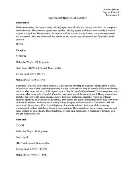 Reductive Of Camphor Lab Report Organic Chem Ii Experiment