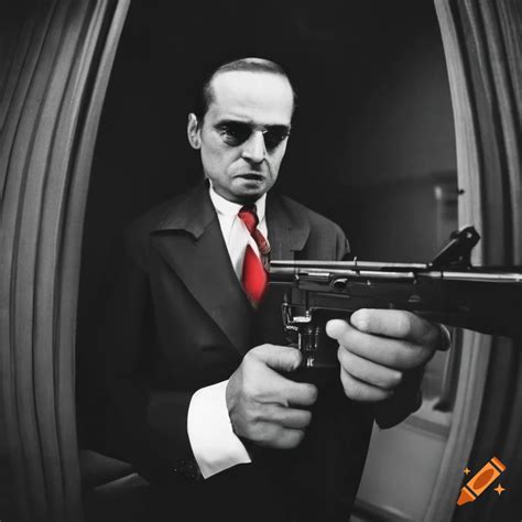 Black And White Photo Of A Mafia Man With Gun On Craiyon