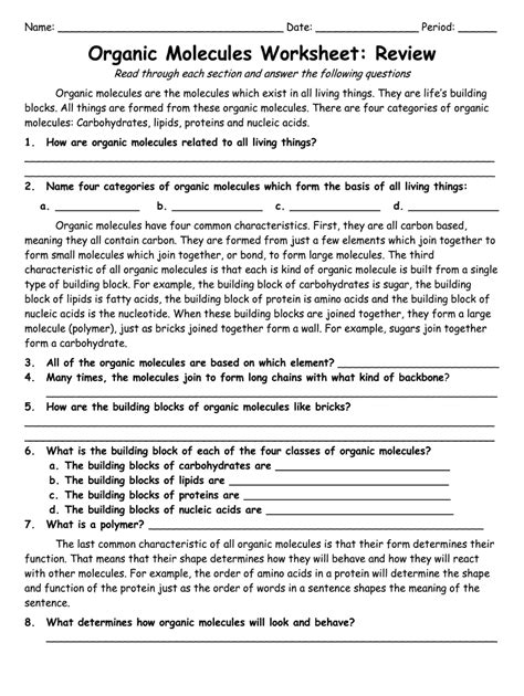 Biomolecules Activity Sheet With Answer