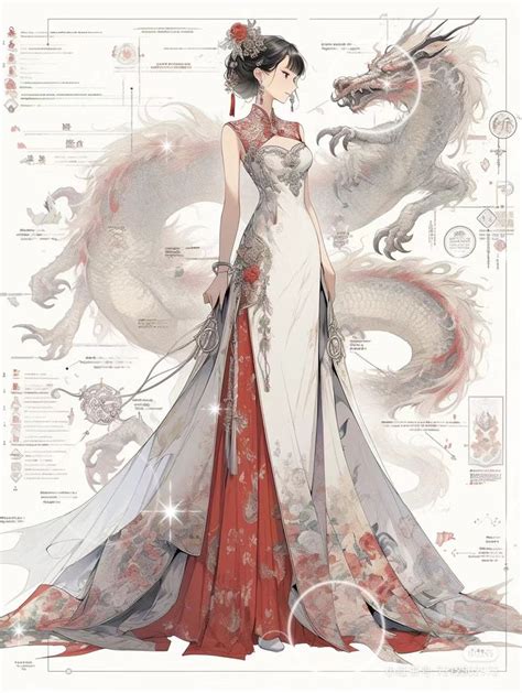 A Woman In A Red And White Dress Standing Next To A Dragon