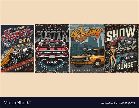 Custom Cars Vintage Colorful Posters Royalty Free Vector