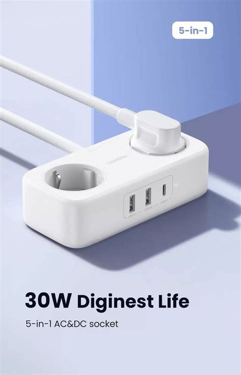 Ugreen DigiNest grenuttag förlängningssladd med 2x USB portar 1x USB