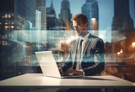 double exposure photo of a business man using laptop on his desk front ...