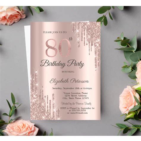 Rose Gold Glitter Drips Rose Gold 80th Birthday Invitation Zazzle