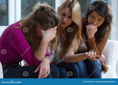 Sad Girl And Supporting Friends Stock Photo Image Of Meeting Brown