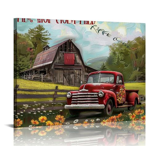 Nawypu Country Red Truck Wall Art Old Barn Spring Flowers Wall Decor Rustic Canvas Prints Framed