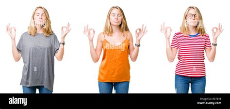 Collage schöne blonde Frau mit weißem Hintergrund isoliert entspannen und Lächeln mit den