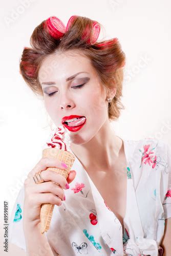 Licking Dessert Sexy Beautiful Pinup Girl Eating Ice Cream Stock