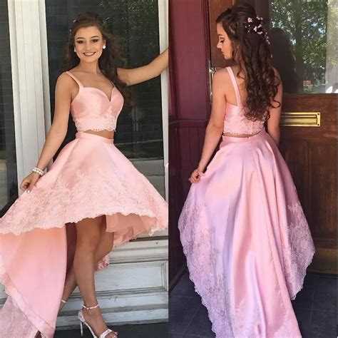 2021 Pink High Low Cocktail Party Dresses Two Pieces Spaghetti Backless