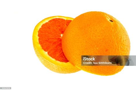 Close Up Of Fresh Orange Orange Cut Half Isolated On White Background