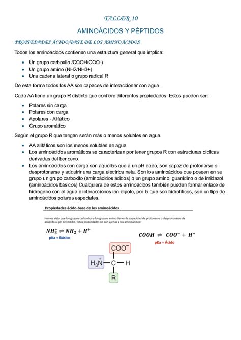 Resumen Taller 10 IBCM TALLER 10 AMINOÁCIDOS Y PÉPTIDOS PROPIEDADES