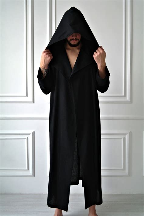 Mens Linen Robe Linen Robe For Men Hooded Black Robe Black Etsy