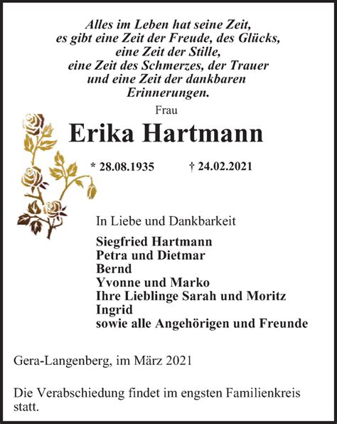 Traueranzeigen Von Erika Hartmann Trauer In Thueringen De