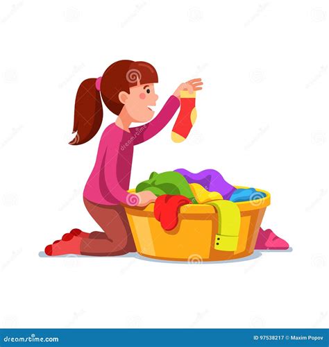 Girl Kid Doing Housework Chores Sorting Laundry Stock Vector ...