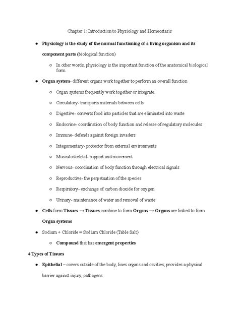 Physiology Unit 1 Notes Study Guide Chapter 1 Introduction To