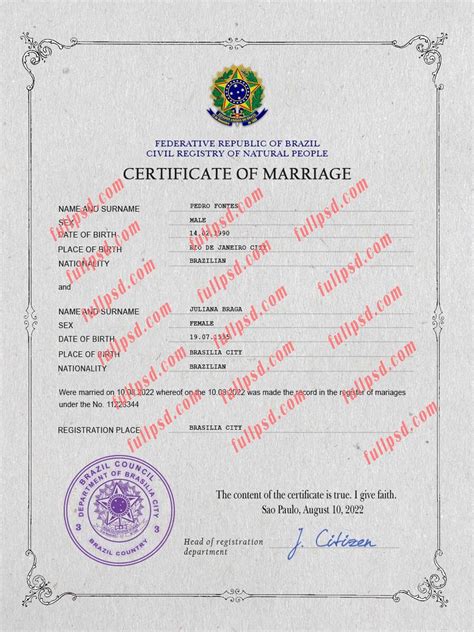 Brazil Marriage Certificate Psd Photoshop Template FULLPSD