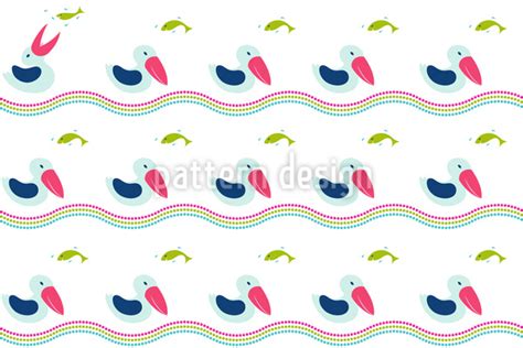 Pelican And Fish Seamless Vector Pattern Design