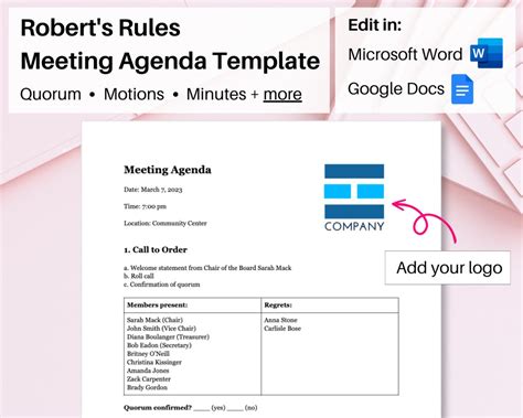 Robert S Rules Agenda Template In Word And Google Docs Editable Meeting