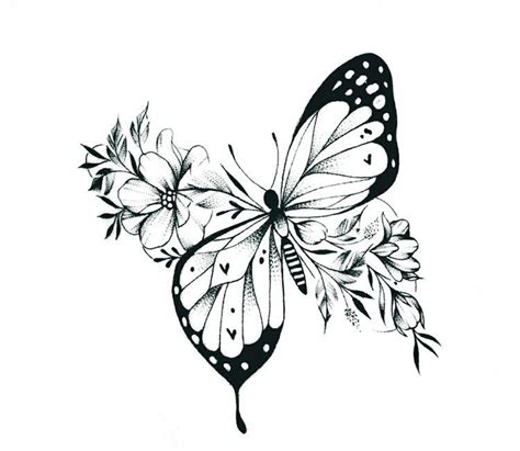 A Black And White Drawing Of A Butterfly With Flowers On It S Back Wing