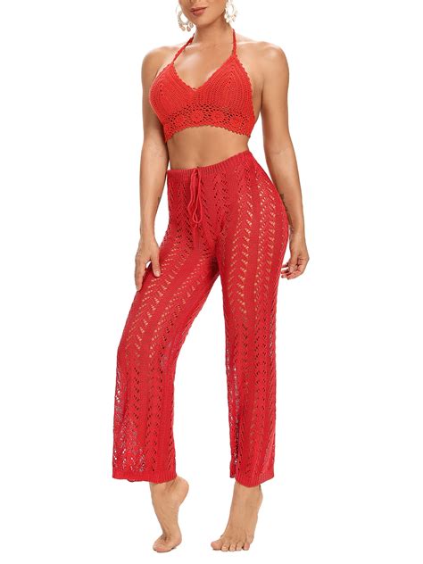 Blotona Women S Crochet Net Hollow Out Cover Up Pants High Waist Mesh