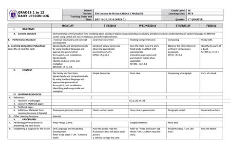 Dll Mtb 3 Q1 W7 Dll Mtb 3 Q1 W7 Grades 1 To 12 Daily Lesson Log School Grade Level Iii