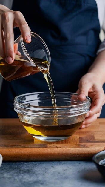 Pouring Cooking Oil Into Glass Bowl Closeup Premium Ai Generated Image