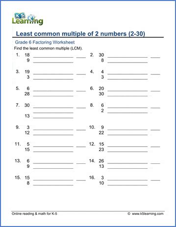 Lcm Worksheets Th Grade