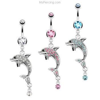 Navel Ring With Dangling Jeweled Dolphin At MsPiercing