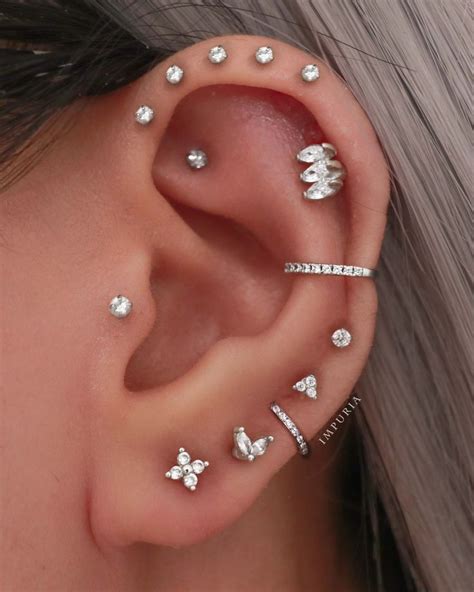 Mai Crystal Two Leaf Lotus Ear Piercing Earring Stud Set Silver Ear