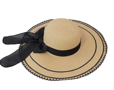 Striped Straw Hat With Black Ribbon Beige Tropicana Collection