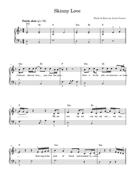 Skinny Love Sheet Music For Piano By Bon Iver Official