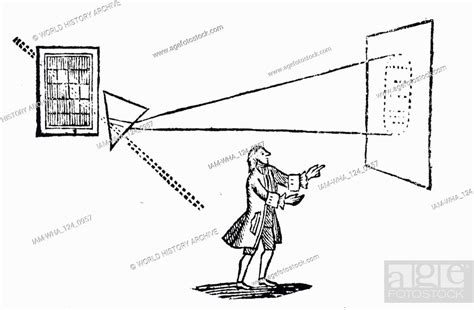 An engraving depicting Isaac Newton's experiment showing how a prism ...