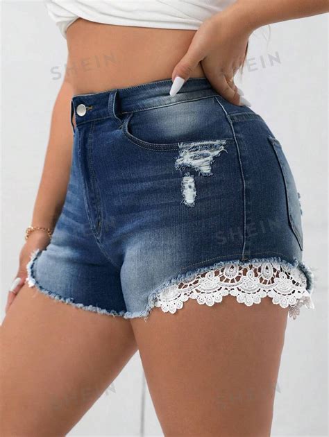 Shein Essnce Shorts Informales De Encaje Y Mezclilla Para Mujeres De