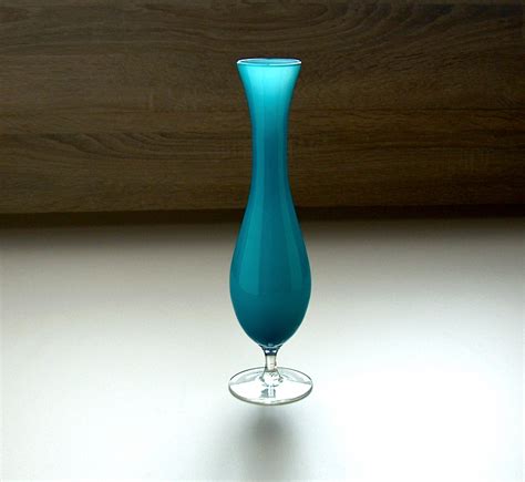 Vintage Cased Glass Vase Turquoise Blue Footed By Aneyeonstyle