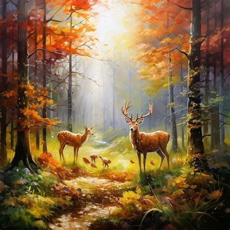 Текстурная картина маслом олени в осеннем лесу Примерка в интернет ...