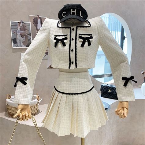 Small Fragrance Tweed 2 Piece Set Women Bow Short Jacket Coat Skirt